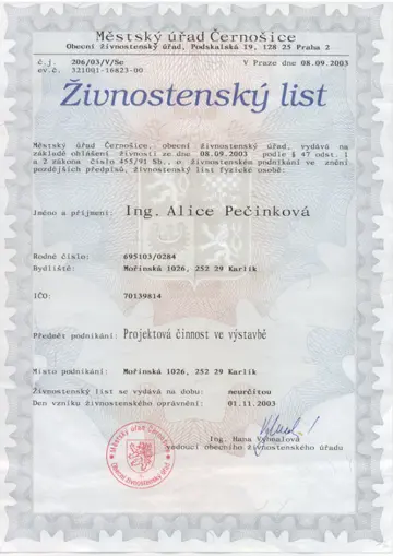 Živnostenský list – projektování staveb