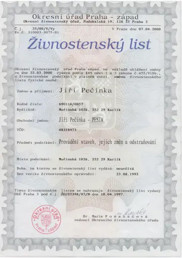 Živnostenský list – provádění staveb